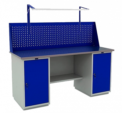 Верстак слесарный, две тумбы, перфорация, подсветка, 866х1600х700 мм