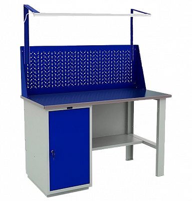 Верстак слесарный, с одной тумбой, перфорация, подсветка, 866х1400х700 мм